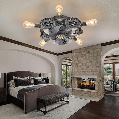 20" Retro Industrial Steampunk Ceiling Fans with Lights and Remote,Low Profile Flush Mount Bladeless Ceiling Fan with Light,Nautical Style 6 Speeds for Bedroom Kitchen Island Bar Cafe