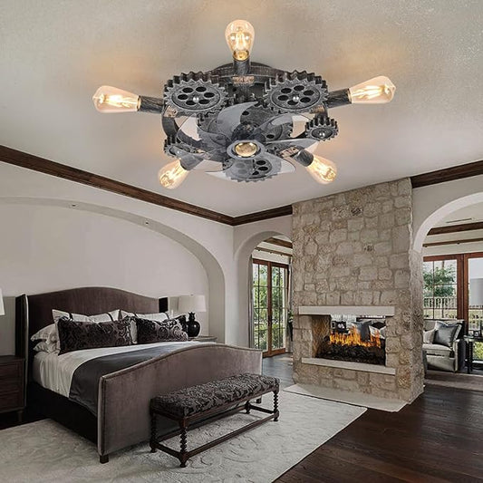 20" Retro Industrial Steampunk Ceiling Fans with Lights and Remote,Low Profile Flush Mount Bladeless Ceiling Fan with Light,Nautical Style 6 Speeds for Bedroom Kitchen Island Bar Cafe