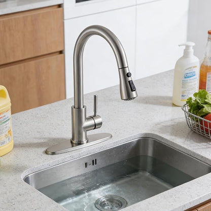 Kitchen Faucet with Pull Down Sprayer, Brushed Nickel Stainless Steel Kitchen Sink Faucet, Single Handle 1 or 3 Hole Pull Out Sink Faucet for Bar Laundry RV Farmhouse, RC-KYT010L-D