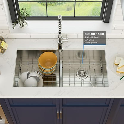 36 Inch Undermount Double Bowl Kitchen Sink 16 Gague 304 Stainless Steel Double Handmade Sinks 50/50 Large Deep Double Bowl Sinks 36"x19"x10"