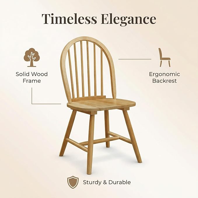 SIMOE Windsor Dining Chairs Set of 2, Farmhouse Kitchen Chairs with Solid Wood Legs, Spindle Back, Wooden Armless Dining Room Chairs for Kitchen, Dining Room, Oak