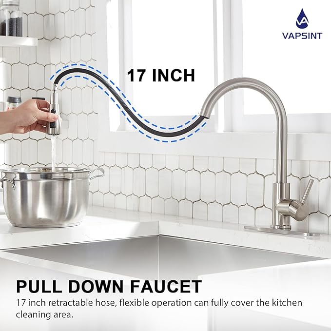 VAPSINT Kitchen Faucet, Brushed Nickel Kitchen Faucet with Pull Down Sprayer, High Arc Single Handle Commercial Stainless Steel Kitchen Sink Faucet 1 or 3 Hole for Farmhouse, RV, Laundry & Bar