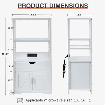 VECELO Freestanding Kitchen Pantry Cabinet, 2-Tier Storage Cupboard with Charging Station & Drawer, Extra Tall & Wide Microwave Shelf, Farmhouse Style, White