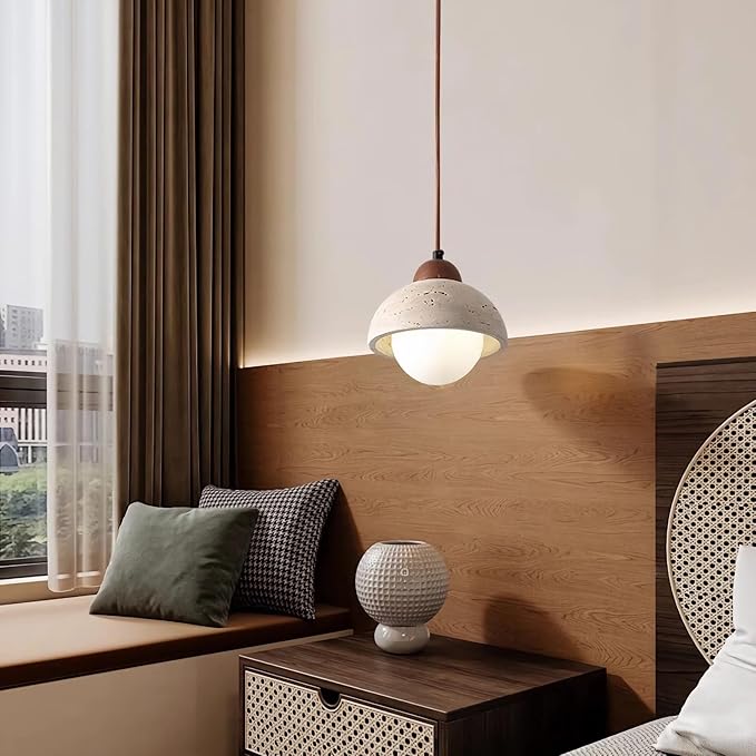 Japanese Wabi sabi Pendant Light with Natural Stone Shade, Dimmable Modern Wood Hanging Lamp Fixture, Adjustable Height Pendant Lamp for Bedroom, Kitchen Island, Dining Room, Restaurant, Cafe, Bar (D)