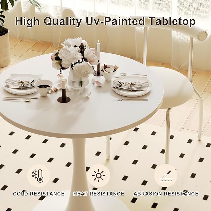 Recximi White Round Dining Table for 2 Person, 24 Inch Small Tulip Table with Metal Pedestal for Living Room, Mid Century Modern Kitchen Table for Kitchen, Office, Pub, Bar, Bistro, Circle Cafe Tables