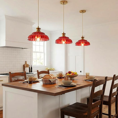 Red Glass Pendant Light, 11.8" Vintage Pendant Lighting Brushed Gold Glass Light Fixtures Red Chandelier Modern Hanging Ceiling for Dining Room Kitchen Island Sink Bedroom Foyer Entryway