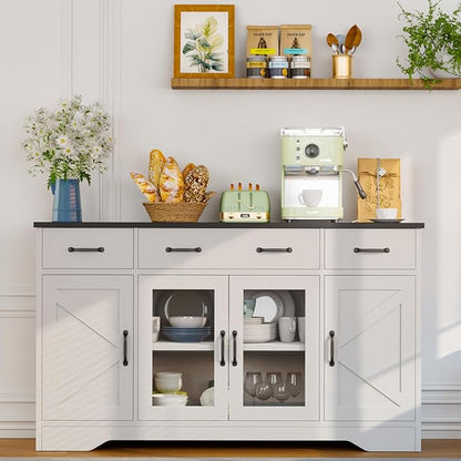 Likein Sideboard Buffet Cabinet with Storage, 55" Kitchen Coffee Bar Cabinet with 3 Drawers & Glass Doors, Farmhouse Sideboard Buffet Table with Adjustable Shelves for Living Room, Dining Room, White