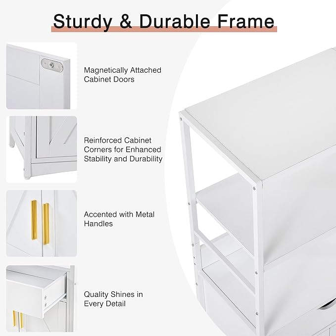 VECELO Freestanding Kitchen Pantry Cabinet, 2-Tier Storage Cupboard with Charging Station & Drawer, Extra Tall & Wide Microwave Shelf, Farmhouse Style, White