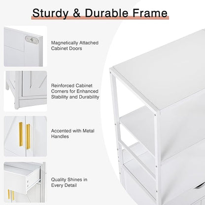 VECELO Freestanding Kitchen Pantry Cabinet, 2-Tier Storage Cupboard with Charging Station & Drawer, Extra Tall & Wide Microwave Shelf, Farmhouse Style, White