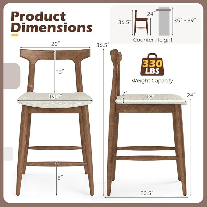 COSTWAY 3-Piece Solid Rubberwood Counter Height Farmhouse Dining Set – 36" Pedestal Table with Rounded Edges & 2 Upholstered 24" Bar Stools with Backrest and Footrest, Walnut Finish
