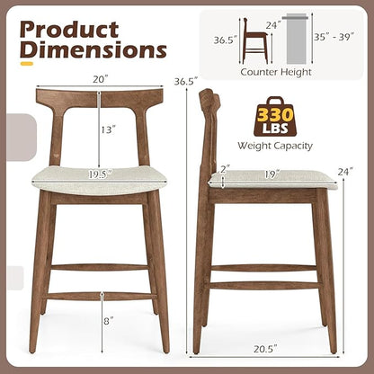COSTWAY 3-Piece Solid Rubberwood Counter Height Farmhouse Dining Set – 36" Pedestal Table with Rounded Edges & 2 Upholstered 24" Bar Stools with Backrest and Footrest, Walnut Finish