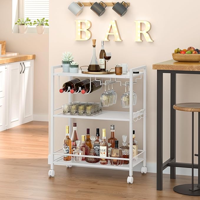 Joaxswe Bar Cart, Home Bar Serving Cart with 3-Tier Shelf,Microwave Cart with Lockable Wheels,Mobile Kitchen Shelf,Rolling Beverage Cart with Wine Rack and Glass Holder for Kitchen,Dinning Room,White