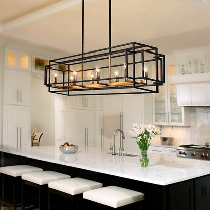 8-Light Kitchen Island Lighting, Black and Gold Rectangle Chandeliers for Dining Room, Metal Farmhouse Dining Room Light Fixtures Over Table, Linear Chandelier with Brushed Brass Socket