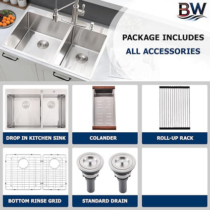 33x22 Inch Double Bowl Kitchen Sink Drop In - 16 Gauge Stainless Steel Top Mount Drop In Sink, 60/40 Split, Durable for Home Kitchen