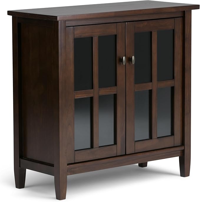 SIMPLIHOME Warm Shaker Storage Cabinet - 32 inch Wide Solid Wood 2-Shelf Low Storage Cabinet in Tobacco Brown, Transitional Accent Cabinet for Entryway with Tempered Glass Doors and Shelves