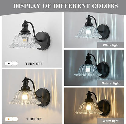 Vintage Wall Sconce Light, Matte Black Bathroom Sconces Wall Lighting, Antique Wall Light Fixture with Clear Flower Glass Shades, Indoor Wall Sconces for Living Room Bedroom, 1-Light Wall Lamp