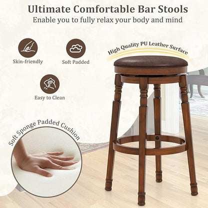 Giantex Swivel Bar Stools Set of 2, 29" Bar Height Bar Stools w/Faux Leather Padded Seat, Footrests, Solid Wooden Frame, Farmhouse Backless Barstools for Kitchen Island, Pub, Dining Room, Cafe