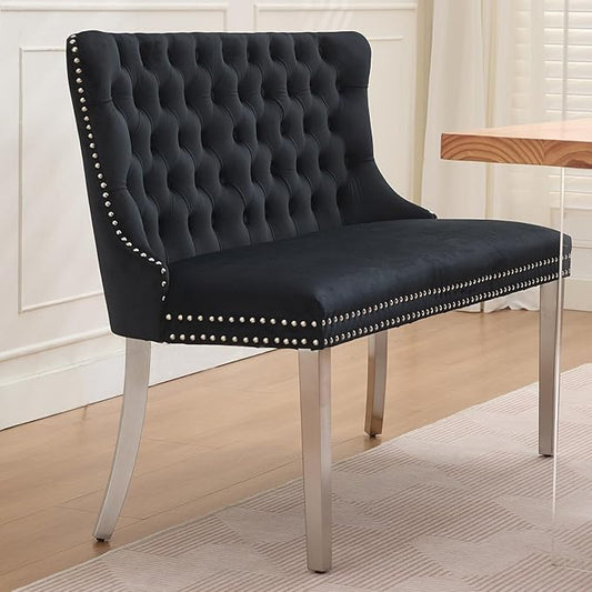 45.6in Upholstered Dining Bench, Mid-Century Modern Kitchen Room Bench with Tufted Back and Metal Legs, Velvet Small Sofa Couch Bench, Black