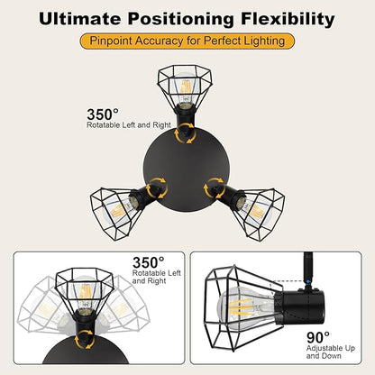 HiBay LED Track Lighting Fixtures, 3-Light Adjustable Directional Ceiling Light, Black Geometric Metal Cage Industrial Spotlight Indoor for Kitchen, Dining, Bedroom, E26 Base (Bulbs Not Included)