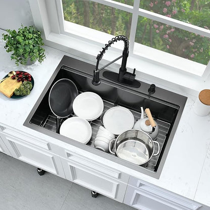 33 Black Drop In Kitchen Sink Workstation-Bokaiya 33x22 Drop In Sink Black Stainless Steel 16 Gauge 10 Inch Top Mount Workstation Sink with Cutting Board, Easy Install and Water Drain Fast