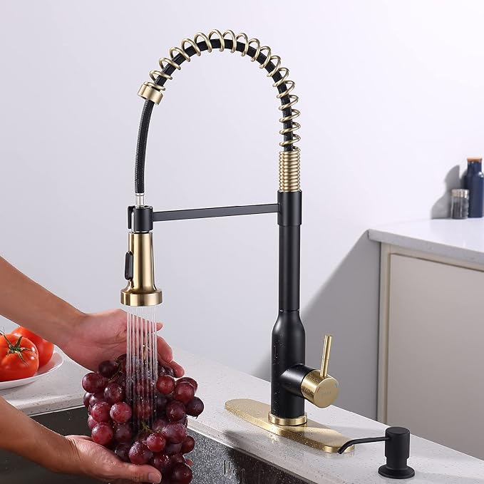 Touchless Kitchen Faucet ， KEER Smart Motion Sensor Hands Free Single Handle Spring Kitchen Sink Faucet with Pull Down Sprayer,Matte Black Gold