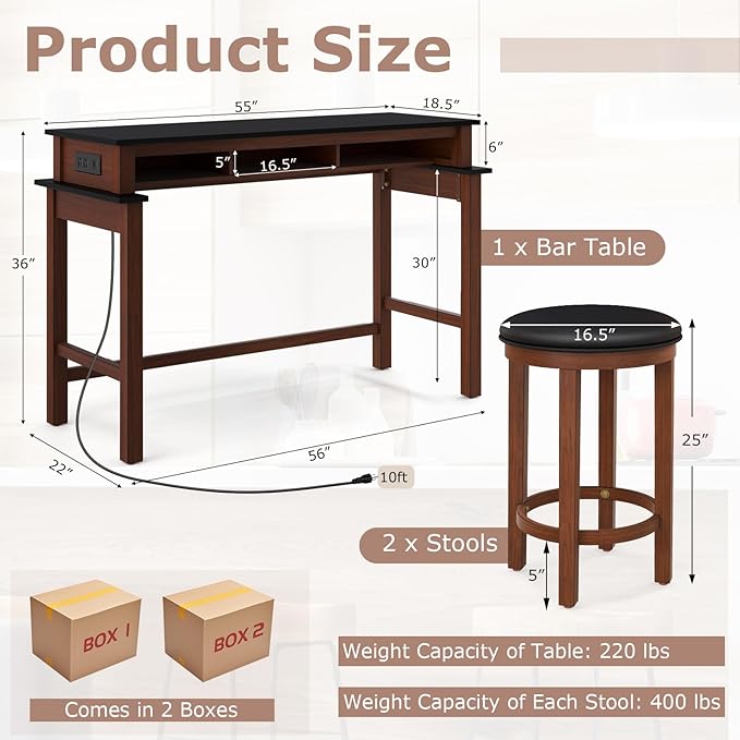 COSTWAY 3 Pieces Bar Table Set with Power Outlet, 36” Counter Height Bar Table with 2 Upholstered Bar Stools, Pub Table Set for Kitchen, Dining Room, Living Room, Small Space (Black + Walnut)