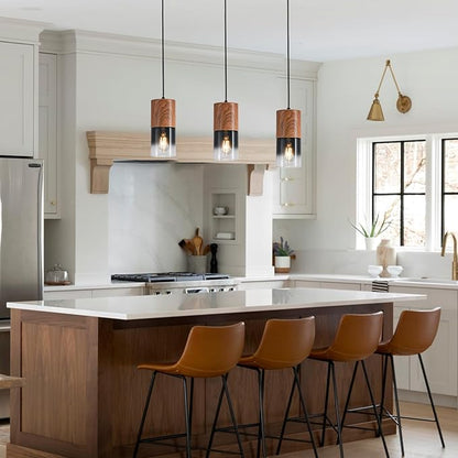 Modern Pendant Lights for Kitchen Island, Adjustable Black Pendant Light Fixtures with Brown Wood Grain, Industrial Glass Pendant Lights for Dining Table Hallway Bedroom Living Room,1 Pack