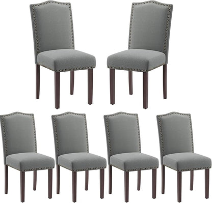 COLAMY Grey Upholstered Parsons Dining Chairs Set of 6,Comfortable Foam Seat, Classic Nailhead Trim, Solid Wood Legs, Stable & Easy to Assemble for Dining Room, Kitchen, Living Room & Café