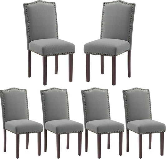 COLAMY Grey Upholstered Parsons Dining Chairs Set of 6,Comfortable Foam Seat, Classic Nailhead Trim, Solid Wood Legs, Stable & Easy to Assemble for Dining Room, Kitchen, Living Room & Café