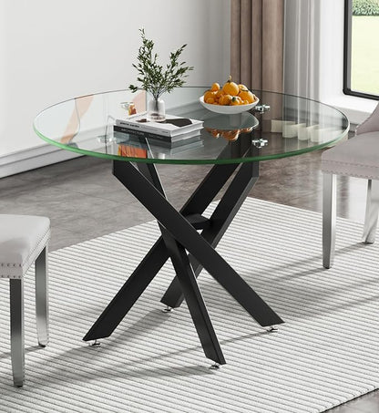 36" Round Dining Table for 4, Modern Clear Glass Kitchen Table for 4 with Black X Metal Legs, Contemporary Small Circle Dining Room Leisure Tables for Kitchen Apartment