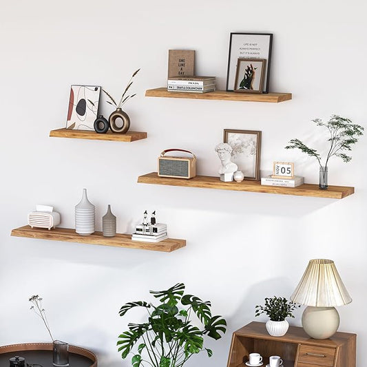 Floating Shelves for Wall, 55"x9.3" Rustic Solid Live-Edge Elm Wood Wall Shelves, Heavy-Duty Floating Shelves with Invisible Brackets for Living Room, Bedroom, and Kitchen, Natural Finish