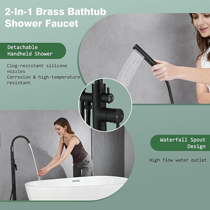 Freestanding Bathtub Faucet - Free Standing Tub Faucet with Swivel Gooseneck Spout and Cylinder Handheld for Bathroom Bathtubs, Matte Black