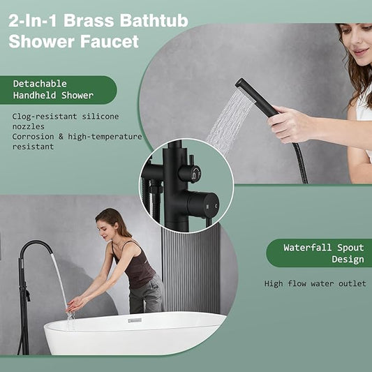 Freestanding Bathtub Faucet - Free Standing Tub Faucet with Swivel Gooseneck Spout and Cylinder Handheld for Bathroom Bathtubs, Matte Black