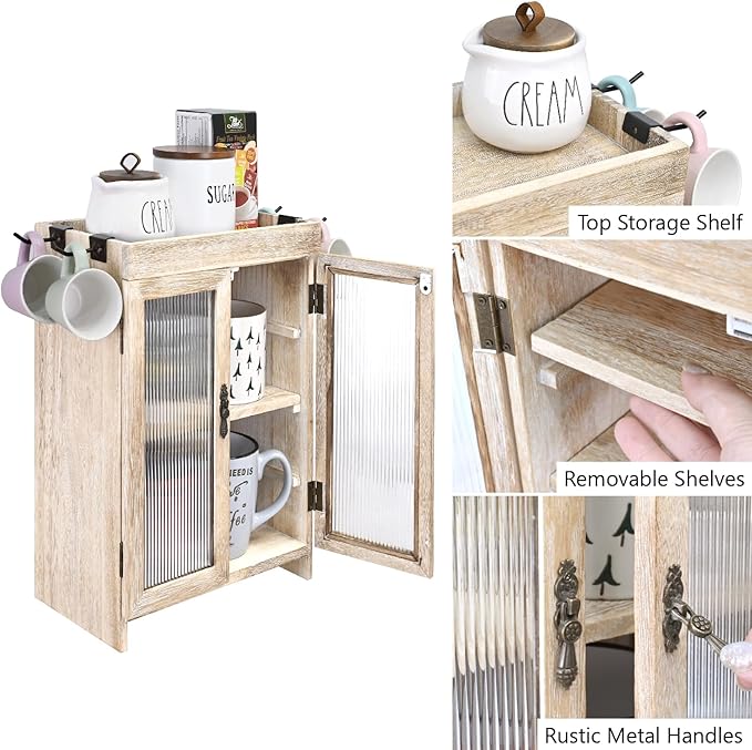 Ikee Design Wooden Countertop Storage Cabinet with Wavy Magnetic Door, Adjustable Shelves, Removable Hooks. Perfect for Perfume, Figurines, and Coffee Cups, Vintage White, 10.4 W x 6.1 D x 14.4 H in