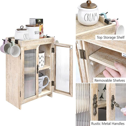 Ikee Design Wooden Countertop Storage Cabinet with Wavy Magnetic Door, Adjustable Shelves, Removable Hooks. Perfect for Perfume, Figurines, and Coffee Cups, Vintage White, 10.4 W x 6.1 D x 14.4 H in