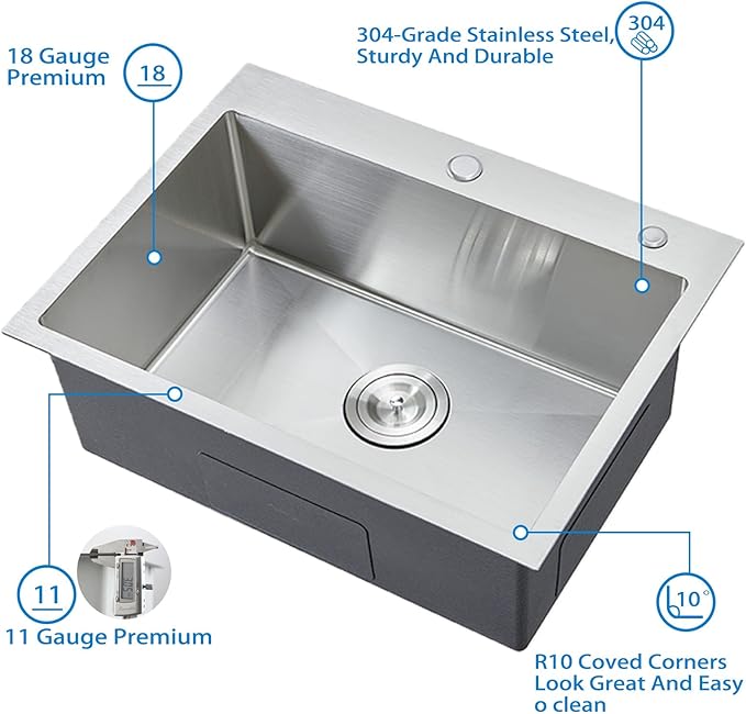 HOTIS 24 x 18 Inch Drop In Kitchen Sink, Overmount 304 Stainless Steel RV Laundry Utility Sink, Topmount Extra-thick 16 Gauge Brushed Nickel Single Bowl Sink with Dish Grid & Drain