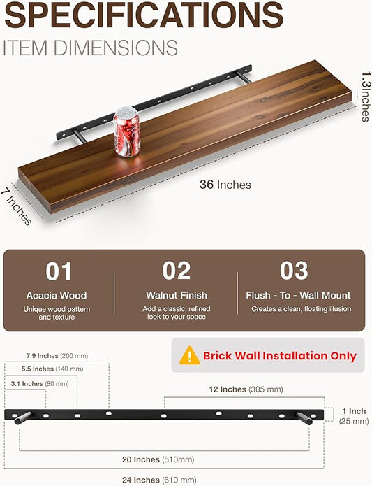 BATODA Set of 2 36" Acacia Floating Shelves for Wall – Rustic Farmhouse Floating Shelves - Wooden Wall Storage Shelf Home Décor - DIY Floating Book Shelves - with Brackets & Hardware (Walnut Color)