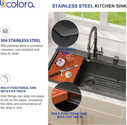 Dcolora 33x19 Black Kitchen Sink Drop In with Workstation Handed-Welding 16 Gauge 304 Stainless Steel Nano Coating Large Single Bowl Drop In Sink Top Mount 33”x19”x10” Matte Black,DC-TBW001