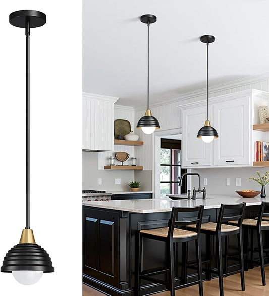 Industrial Kitchen Pendant Light Fixtures: 6 Inch Metal Modern Chandelier - Adjustable Farmhouse Black and Gold Pendant Lighting for Kitchen Living Room Bedroom