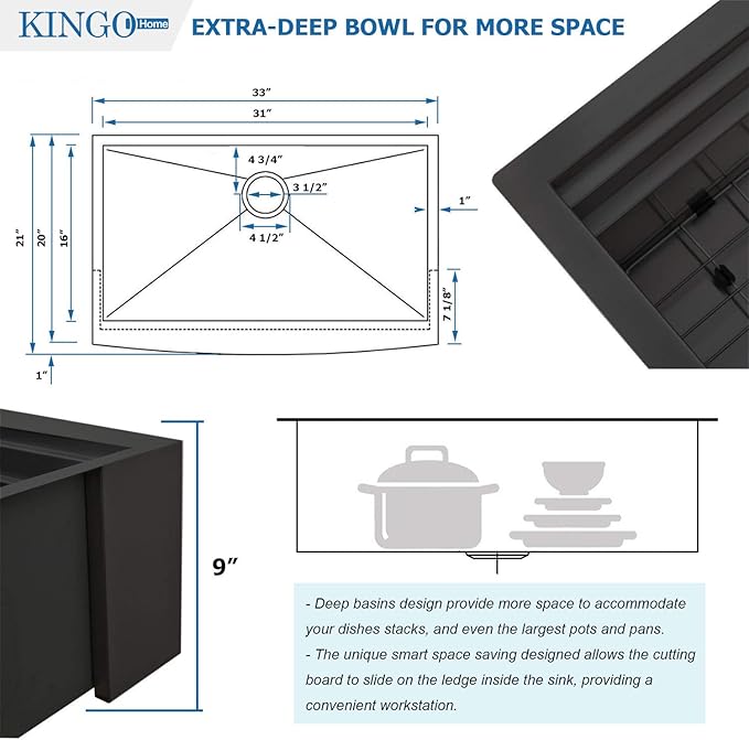 KINGO HOME 33 inch Black Farmhouse Sink, 16 Gauge Double Ledges Stainless Steel Farmhouse Kitchen Workstation Sink, All In One Apron Front Deep Single Bowl Kitchen Farm Sytle Farmer Sinks 33"x20"x9