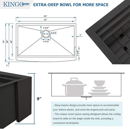 KINGO HOME 33 inch Black Farmhouse Sink, 16 Gauge Double Ledges Stainless Steel Farmhouse Kitchen Workstation Sink, All In One Apron Front Deep Single Bowl Kitchen Farm Sytle Farmer Sinks 33"x20"x9
