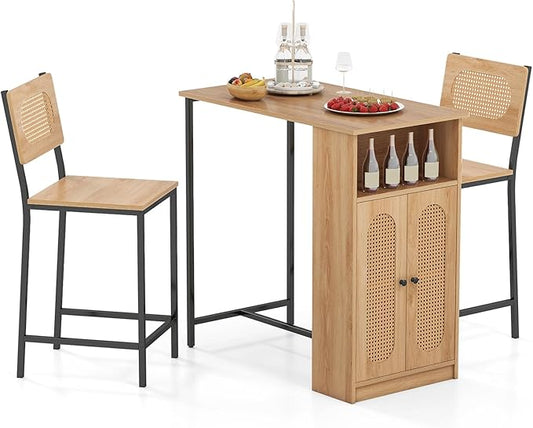 COSTWAY 3-Pcs Kitchen Table & Chairs Set, High Top Bar Table with 2 Stools, Storage, Adjustable Shelf, Metal Frame, Counter Height Dining Room Set for 2, Boho Rattan Table Set for Living Room, Study