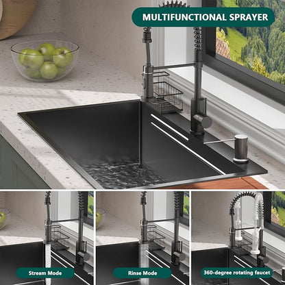 Stainless Steel Kitchen Sink with Faucet: 30-Inch Drop In Single Bowl Farmhouse Workstation Sink - Noise Reducing Design & Accessories Included (Black, 3018)