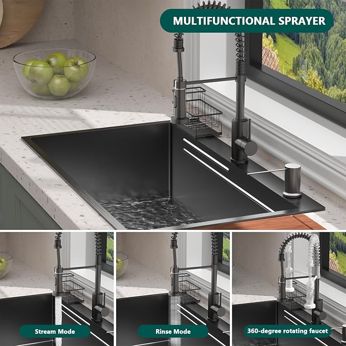 32 * 19 inch Kitchen Sink, Single Bowl Stainless Steel Sink Multifunctional Drop In Sink with Pull-Down Faucet and Multiple Accessories (Black, 3219)