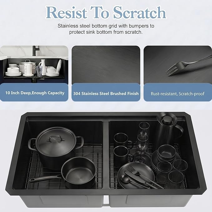 Black Undermount Kitchen Sink 32 x 18 Inch, 50/50 Double Bowl Kitchen Sinks, 16 Gauge Stainless Steel Workstation Sink with Ledge & Accessories, 32" x 18" x 10" Large and Deep Double Sink