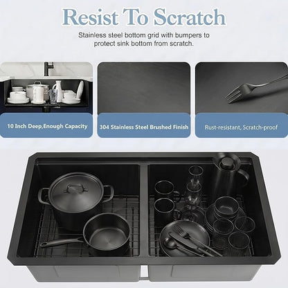 Black Undermount Kitchen Sink 32 x 18 Inch, 50/50 Double Bowl Kitchen Sinks, 16 Gauge Stainless Steel Workstation Sink with Ledge & Accessories, 32" x 18" x 10" Large and Deep Double Sink