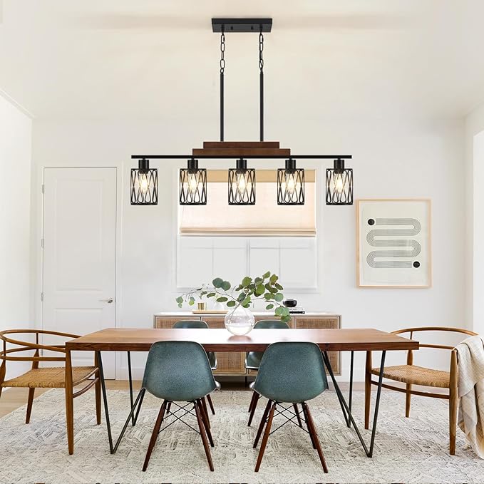5-Light Farmhouse Kitchen Island Lighting Dining Room Light Fixture Over Table Matte Black Rustic Wood Hanging Kitchen Chandelier with Metal Shade Adjustable Height Pendant Lights for Dining Room