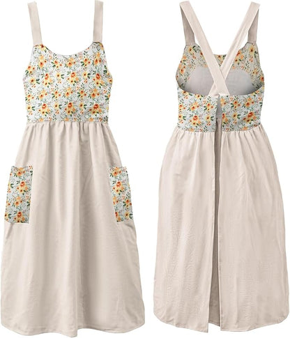 Uaussi Cotton Linen Apron Cross Back Work Apron for Women with Pockets Pinafore Dress X Cross Halter Apron for Chef Gardening