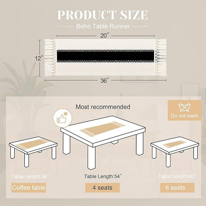 FEXIA Boho Table Runner for Home Decor with Tassels 36 Inches Long,Black Farmhouse Rustic Table Runner Macrame Burlap Table Decoration for Living Room Bridal Shower(12x36 Inches)