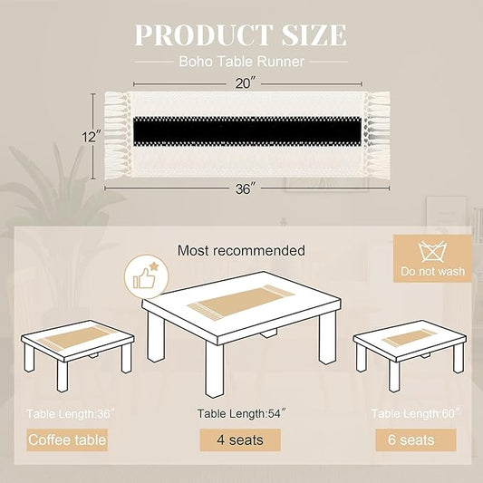 FEXIA Boho Table Runner for Home Decor with Tassels 36 Inches Long,Black Farmhouse Rustic Table Runner Macrame Burlap Table Decoration for Living Room Bridal Shower(12x36 Inches)